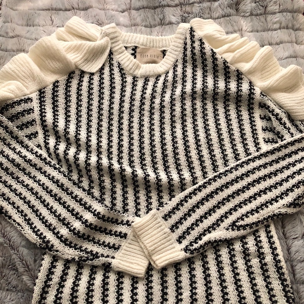 Moon River Cold Shoulder Ruffle Sweater